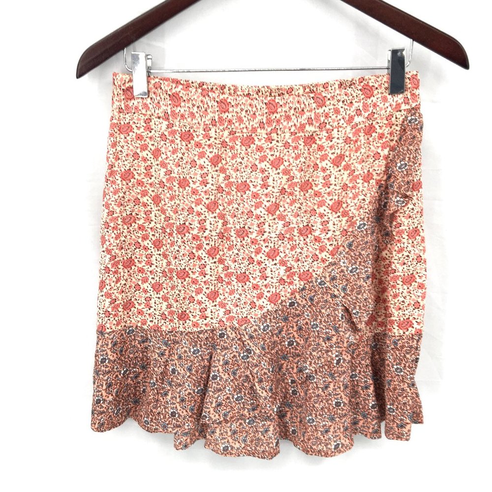 NEW Anthropologie Sim & Sam mini faux wrap skirt pink ditsy floral ruffle boho M
